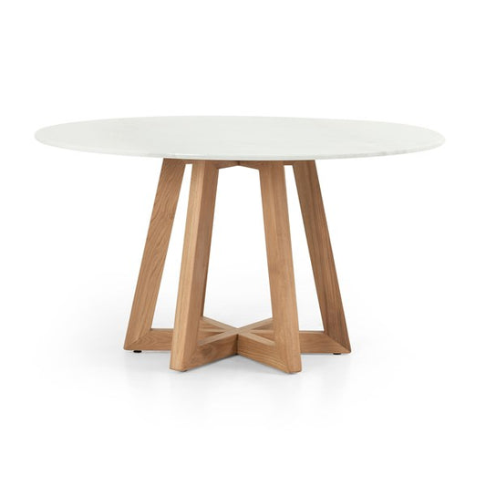 Ceeley Modern Classic White Marble Top Brown Oak Wood Round Dining Table - 55"W