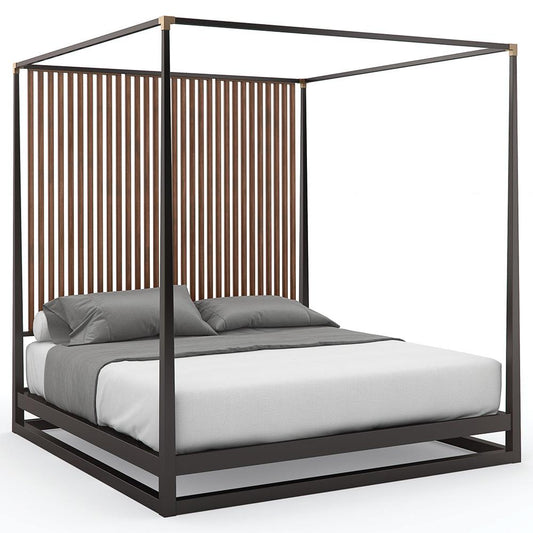 Caracole Pinstripe Rustic Dark Chocolate Wood Gold Metal Accent Canopy Bed - Queen